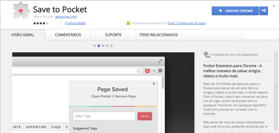 Save to Pocket Chrome Web Store extensão chrome
